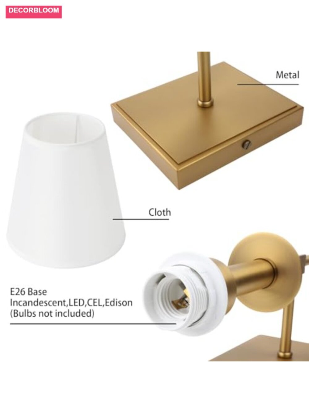 Set of 2 Industrial Wall Sconces with Flared White Fabric Shades, Brass Finish, - Picture 2 of 5